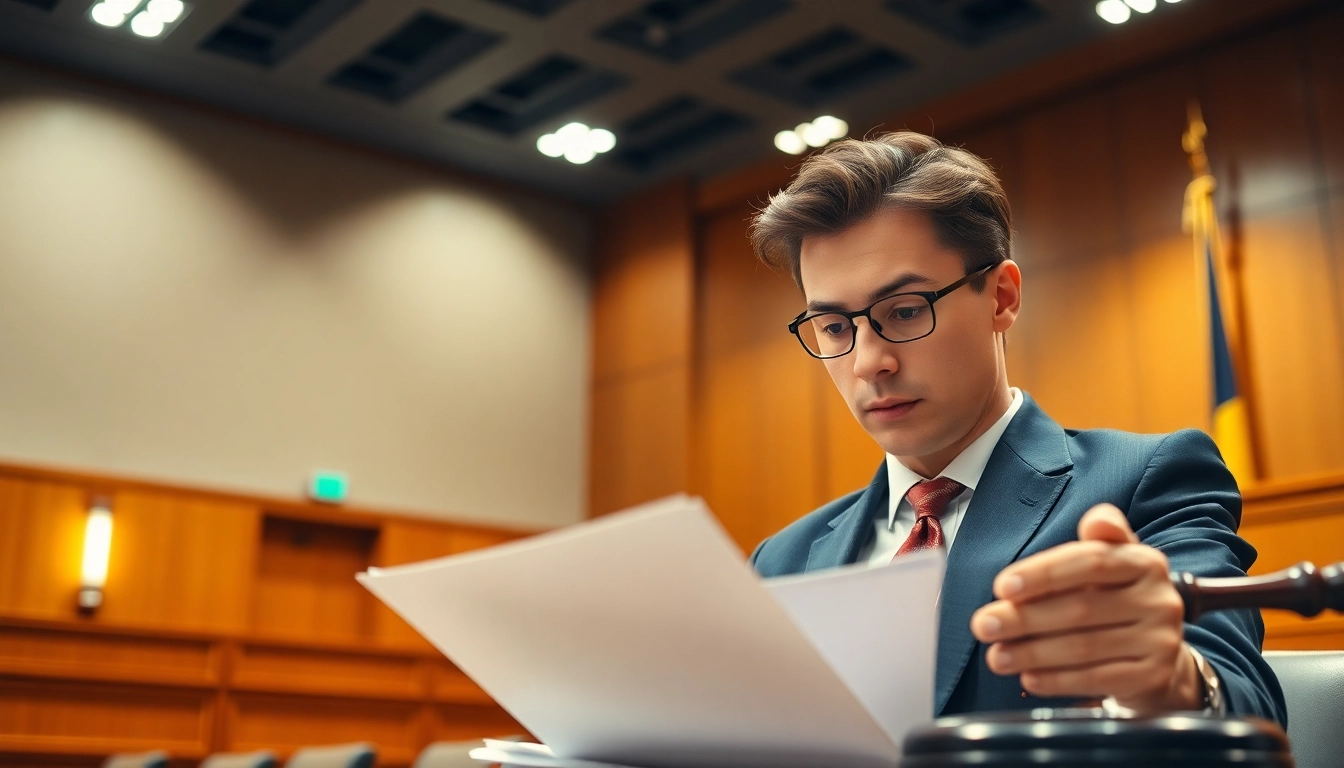 Florida Car accident attorneys consulting on a case with essential legal documents in a courtroom.