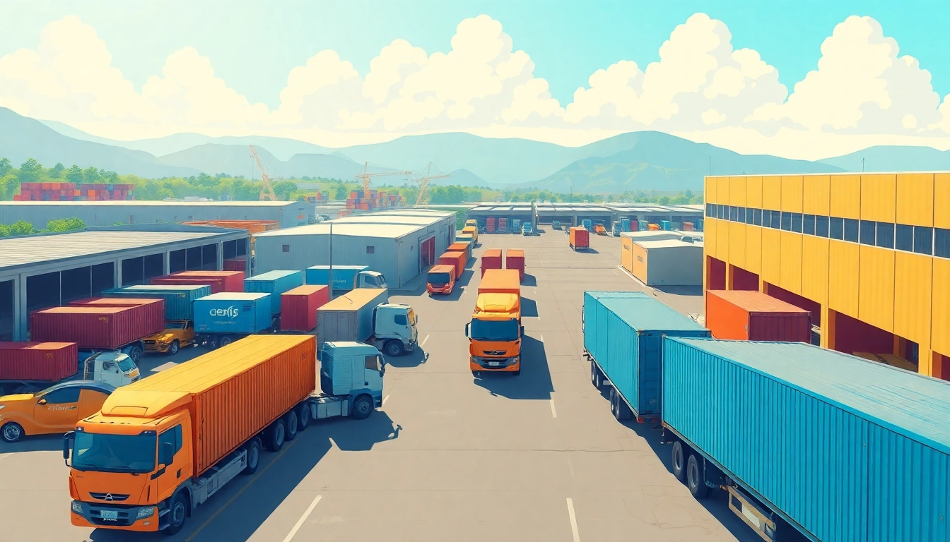 Showcase efficient distribution Central America through vibrant logistics hub with cargo trucks and warehouses in action.