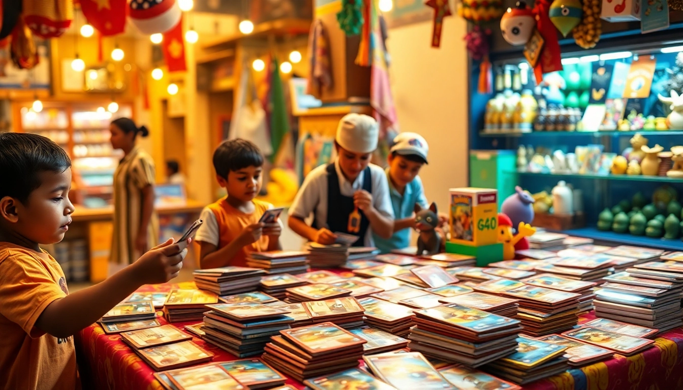 Explore a lively marketplace in India showcasing Pokemon TCG cards and collectors.