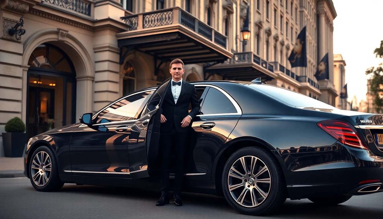 Experience luxury chauffeur service london with an elegant sedan and professional chauffeur in a vibrant hotel setting.