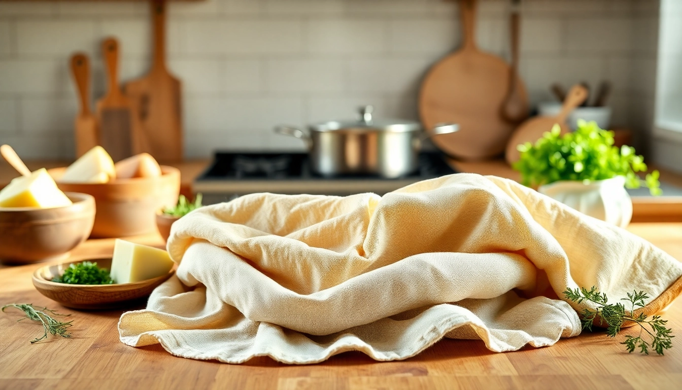 Kaasdoek op een houten aanrecht, klaar voor gebruik bij het maken van kaas.
