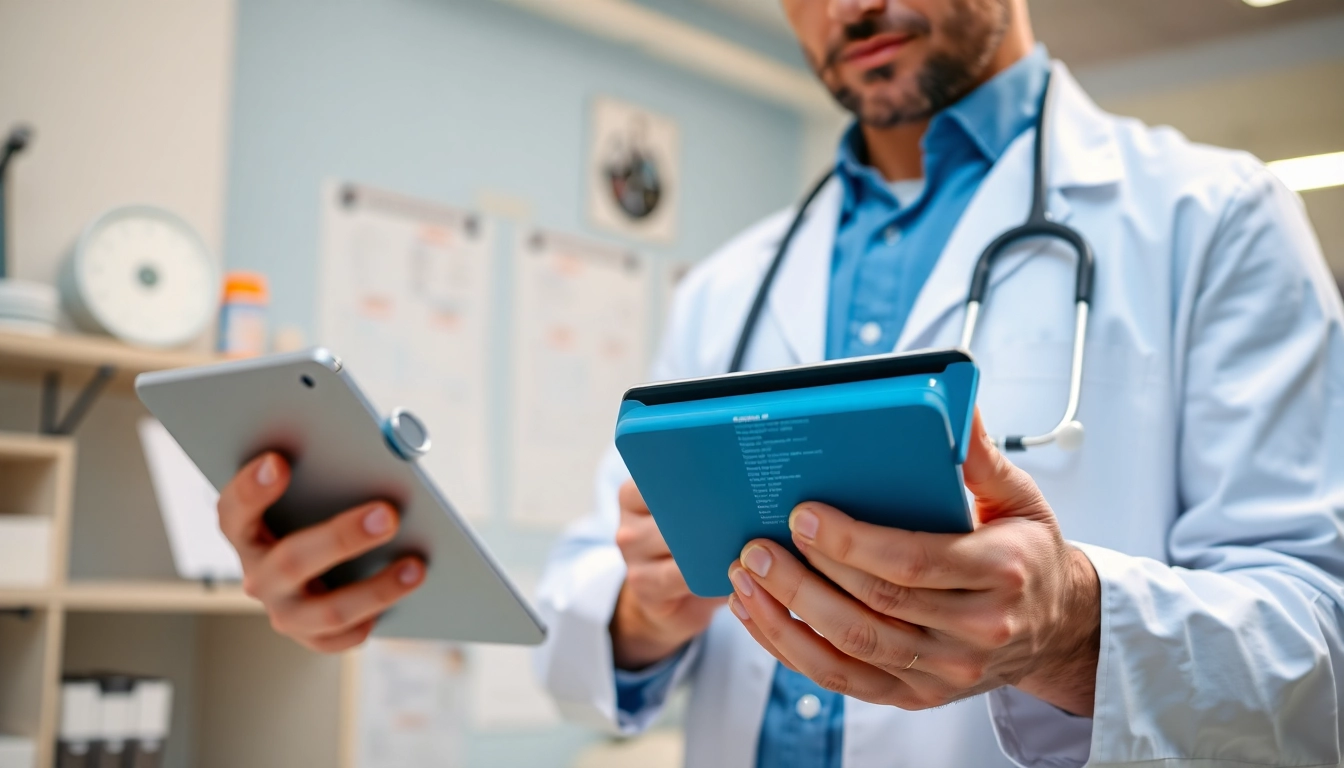 Demonstration of eprescribing software for doctors in action, highlighting a doctor and modern tablet.