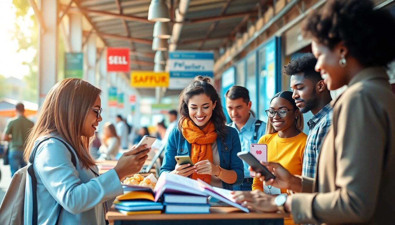 Engaging vendors sell on Jirle through mobile devices in a vibrant marketplace.