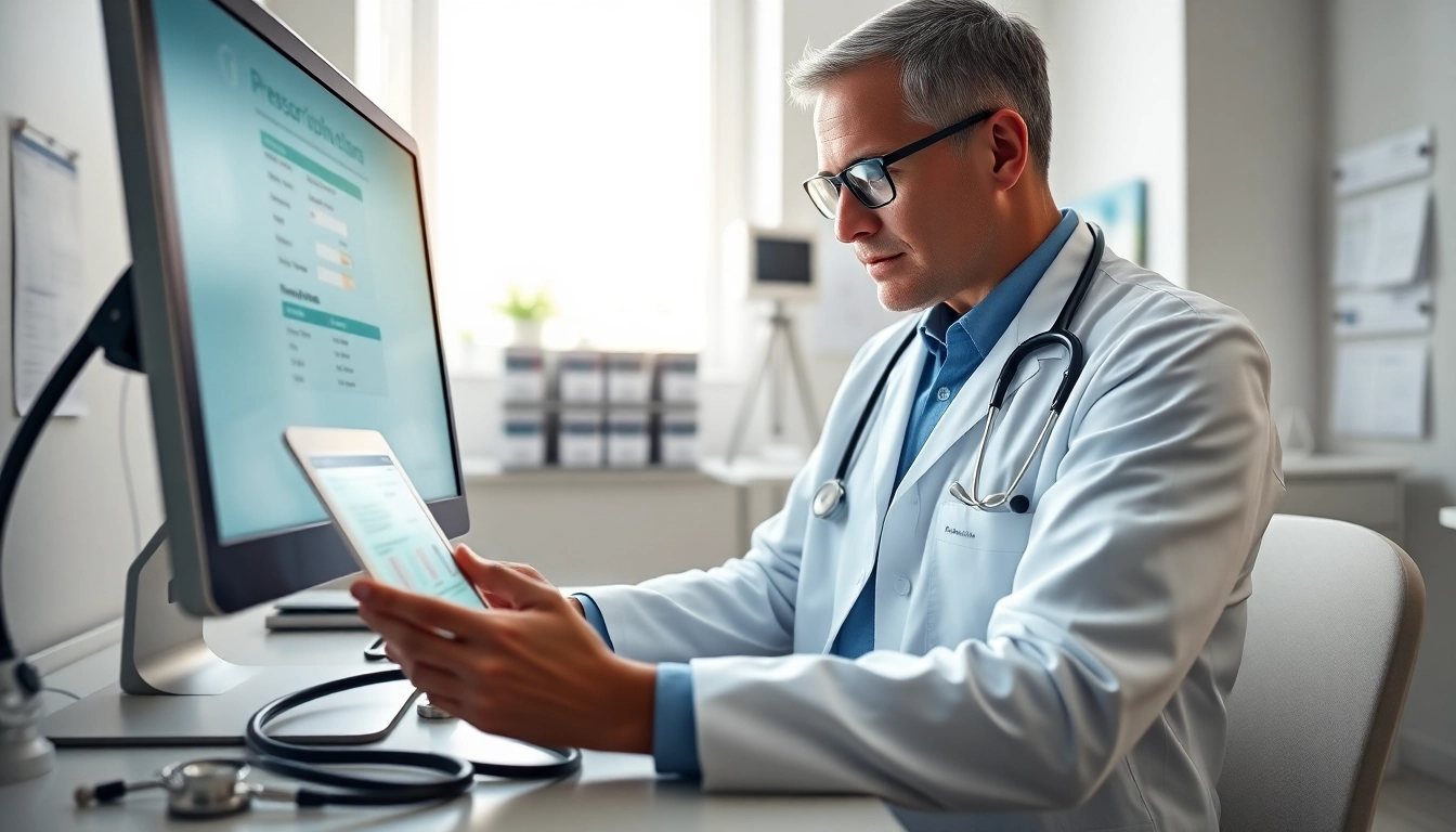 Engaged doctor utilizing eprescribing software for doctors in a modern medical setting.